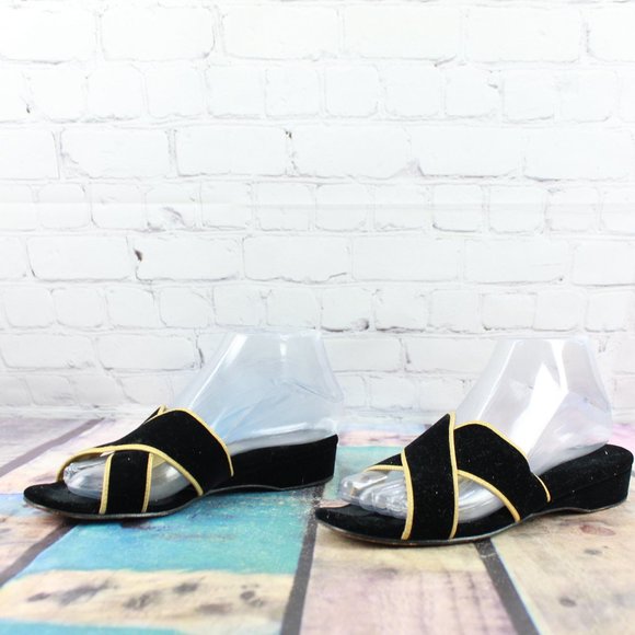 VTG Daniel Green Black Velvet Criss Cross Low Wedge Sandals 7 - Picture 2 of 9